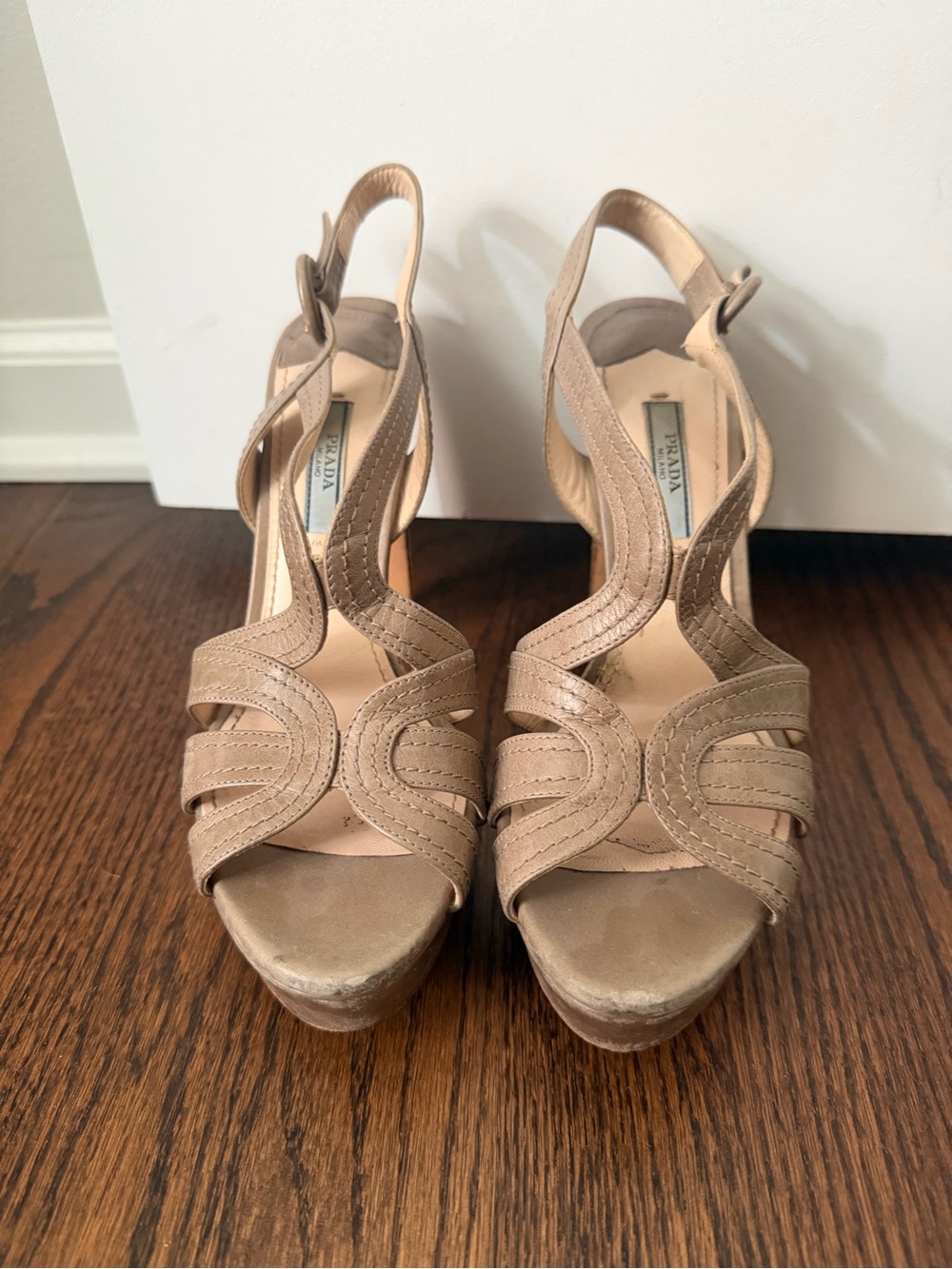 Prada Beige/Taupe Leather Slingback Platform Sandals size 37.5